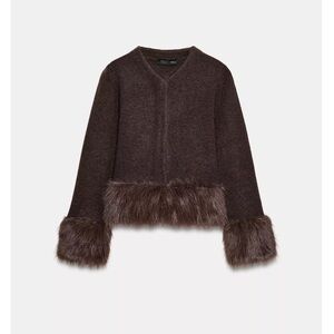 Zara FAUX FUR TRIM KNIT CARDIGAN